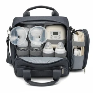 A photo showing a complete breast pump set, including the pump, flanges, and bottles, neatly packed inside the bag, proving it can hold all necessary supplies.