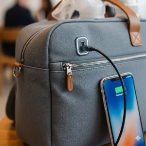 An image highlighting a built-in USB charging port on the side of a breast pump bag, a convenient feature for charging phones or other devices on the go.