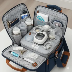 An open breast pump bag showcasing multiple organized pockets and sections for storing a pump, accessories, and personal items.