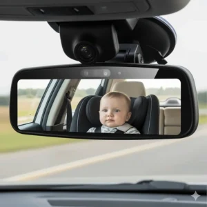 A baby car camera with a mirror attachment, providing a view of the baby without needing a separate monitor.