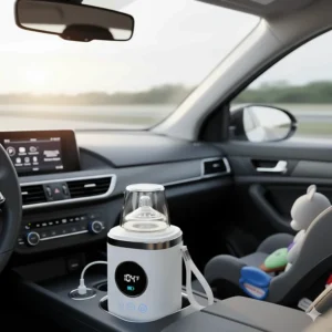 A car bottle warmer is plugged into a car's power outlet, showing how a baby's bottle can be warmed quickly during a road trip.