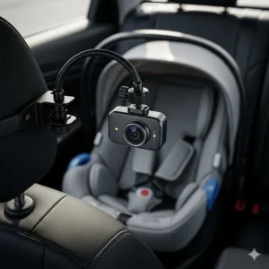 A side view of a baby car camera mounted securely on a car seat headrest, facing a rear-facing infant seat.