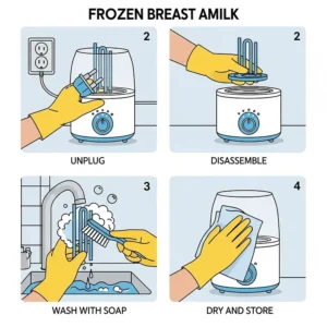 A simple illustration showing how to properly clean and maintain a frozen breast milk warmer for hygiene and longevity.