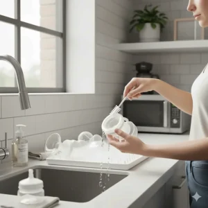 Simple, quick steps for cleaning breast pump parts during a busy workday for a working mom.