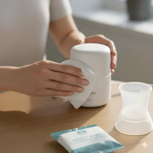 Safely cleaning the exterior of a breast pump motor unit using a gentle, residue-free sanitizing wipe.