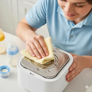 A user wiping down the heating element of a portable milk warmer with a damp cloth, demonstrating how easy it is to clean.