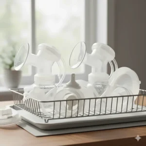 Disassembled and clean breast pump parts, emphasizing hygiene during the relactation journey.