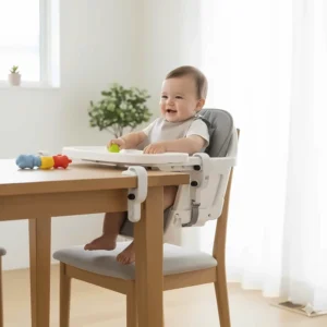Secure clip-on table high chair attached to a dining room table edge.