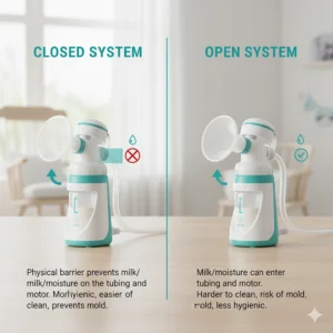 Graphic explaining the hygienic difference between a closed and open system breast pump.
