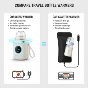 An infographic compares different types of travel bottle warmers, including battery-powered and car adapters, to help parents choose the best option.