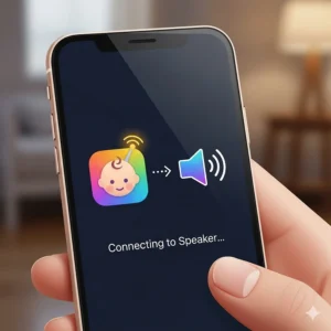 An illustration showing a smartphone screen with a baby monitor app icon next to a speaker, visualizing the setup process of connecting speakers to a baby monitor application.