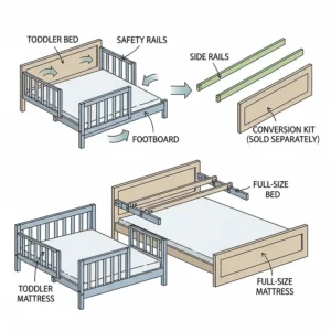 An illustration depicting how a convertible toddler bed can be extended and adapted with a separate conversion kit to become a full-size bed, accommodating a child's growth.