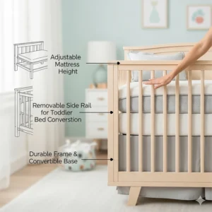 An image highlighting the adjustable mattress height and other key features of a convertible crib.