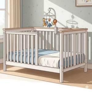 Illustration of a convertible toddler bed in its first stage, set up as a traditional crib with high rails for a newborn.