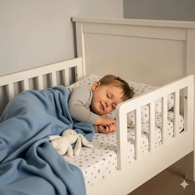 A white wooden crib transitioning into a stylish convertible toddler bed, with a little boy sleeping peacefully under a soft blue blanket. The bed is designed to adapt to a growing child's needs.