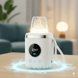 A cordless bottle warmer with a charged battery is depicted, emphasizing the convenience of a wire-free, portable design for travel.
