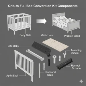 An infographic illustrating the different parts required to change a crib into a full-sized bed.