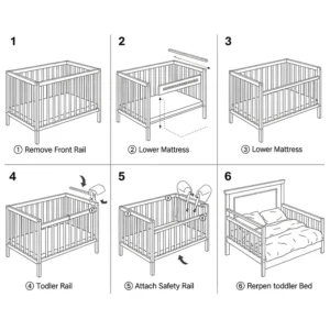 A step-by-step diagram showing how to assemble a crib into a bed.