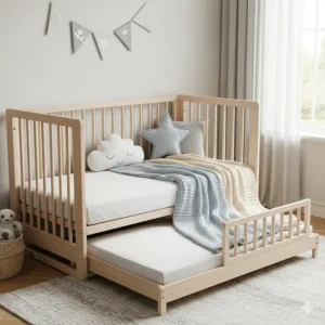 A picture of a stylish nursery with a crib that changes into a bed, showcasing its versatility and long-term value.