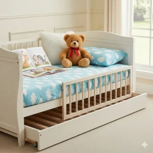 An image of a convertible crib that changes into a daybed with a book and teddy bear on it.