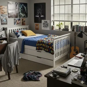 A teenager's bedroom featuring a full-sized bed that was once a convertible crib.