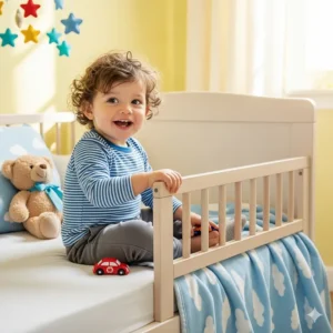 A toddler happily sits on a convertible crib transformed into a toddler bed with a safety rail.