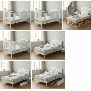 Step-by-step visuals of converting a baby crib with a conversion kit into a full-size bed.
