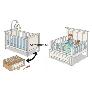 An illustration showing the conversion of a crib with a conversion kit into a toddler bed with a safety rail.