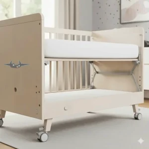 A visual representation of a crib with wheels and an adjustable mattress base at two different height levels.