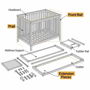 A diagram of the various parts included in cribs with conversion kits, highlighting the front rail and extension pieces.
