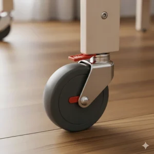 Close-up of a crib wheel with a visible locking mechanism, showing how to secure the crib in place.