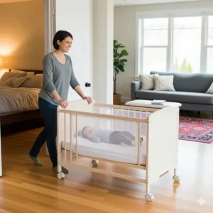 A baby crib on wheels being easily moved from the bedroom to the living room by a parent.