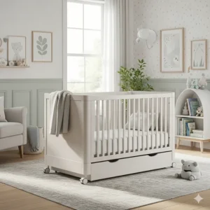 A beautiful modern crib with wheels and a storage drawer, positioned in a bright, stylish nursery with natural light and a soft rug.