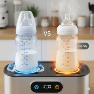 A comparison illustration showing a cold baby bottle on one side and a perfectly warmed bottle ready to serve on the other, thanks to the double bottle warmer.