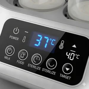 A close-up illustration of the easy-to-use control panel of a double bottle warmer, showing the digital display and temperature settings.
