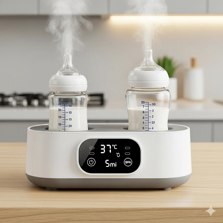 A featured image showing a double bottle warmer with two baby bottles, highlighting its efficiency and convenience for busy parents.