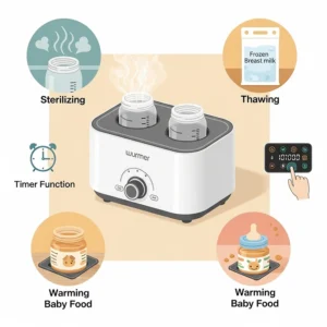 An illustration highlighting the multiple functions of a double bottle warmer, such as sterilizing, thawing, and warming baby food.