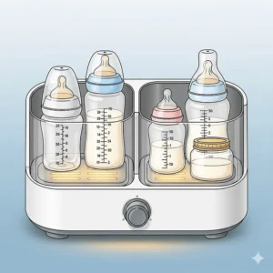 An illustration demonstrating the large capacity of a double bottle warmer that can fit different bottle sizes and types, including wide-neck bottles.