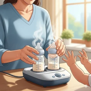 An illustration of a parent quickly and easily removing two perfectly warmed bottles from a double bottle warmer to feed their hungry twins.