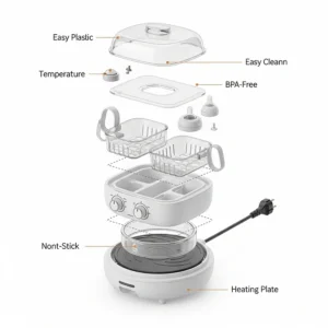 An exploded view illustration of the various parts of a double bottle warmer, including the heating plate, baskets, and lid for easy cleaning.