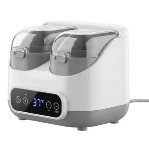 A detailed side-view illustration of a double bottle warmer, showing the compact design and controls.