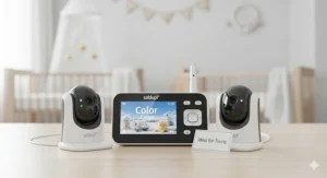 A product shot of a baby monitor set, clearly displaying a single parent unit and two separate cameras. This image shows why this is the ideal setup for monitoring twins.