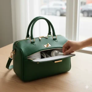 Close-up on the convenient access flap of the breast pump purse, allowing the user to pump without removing the entire unit.