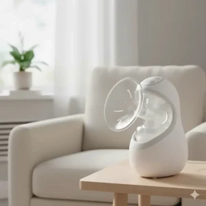 An example of an ergonomic breast pump that accommodates the shape and weight of large breasts during pumping sessions.