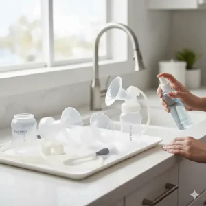 A step-by-step image showing how to easily clean and sanitize the parts of the Evenflo breast pump after each use.