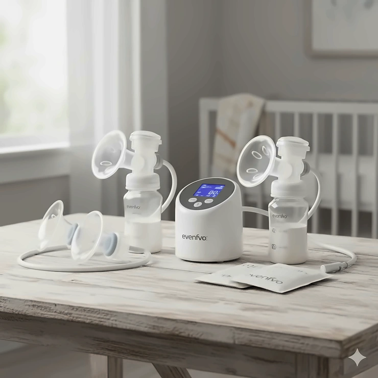 All the essential components included in the Evenflo Deluxe Advanced Breast Pump kit, including flanges, tubing, bottles, and storage bags.