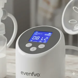 An illuminated digital display screen on the Evenflo Deluxe Advanced Breast Pump showing the different suction and speed settings.