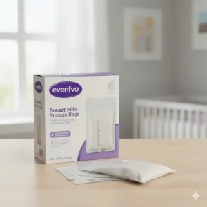A box of Evenflo breast milk storage bags, designed for safe and convenient storage with the pump.