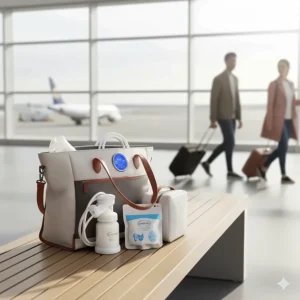 The portable Evenflo Deluxe Advanced Breast Pump and its accessories packed neatly into a stylish tote bag for on-the-go use.