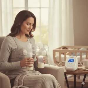 A new mom comfortably and efficiently using the Evenflo Deluxe Advanced Double Electric Breast Pump with hands-free pumping bra.